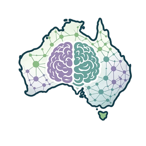 Australian outline overlaid with a stylised brain — purple left hemisphere for Support, teal right hemisphere for Research, surrounded by a network pattern.